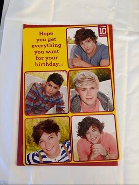 Rare 1D Yellow & Red Birthday Card - Licensed Band Design 7 1/2” x 11 1/2”
